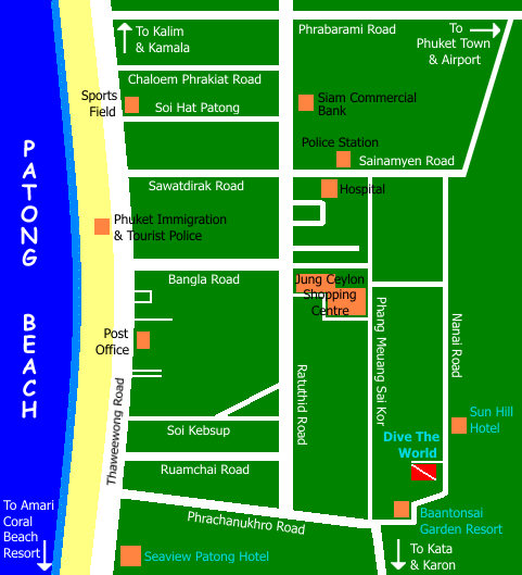 Map of Patong Beach showing Dive The World location in Phuket, Thailand