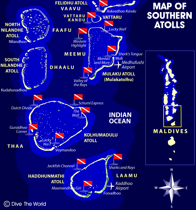 Map of the Southern Atolls - Laamu, Thaa, Meemu, Dhaalu, Vaavu and Faafu Atoll, Maldives