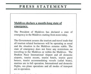 Maldives Emergency not to impact tourists