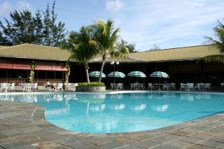 The poolside restaurant tables at Layang Layang, Malaysia